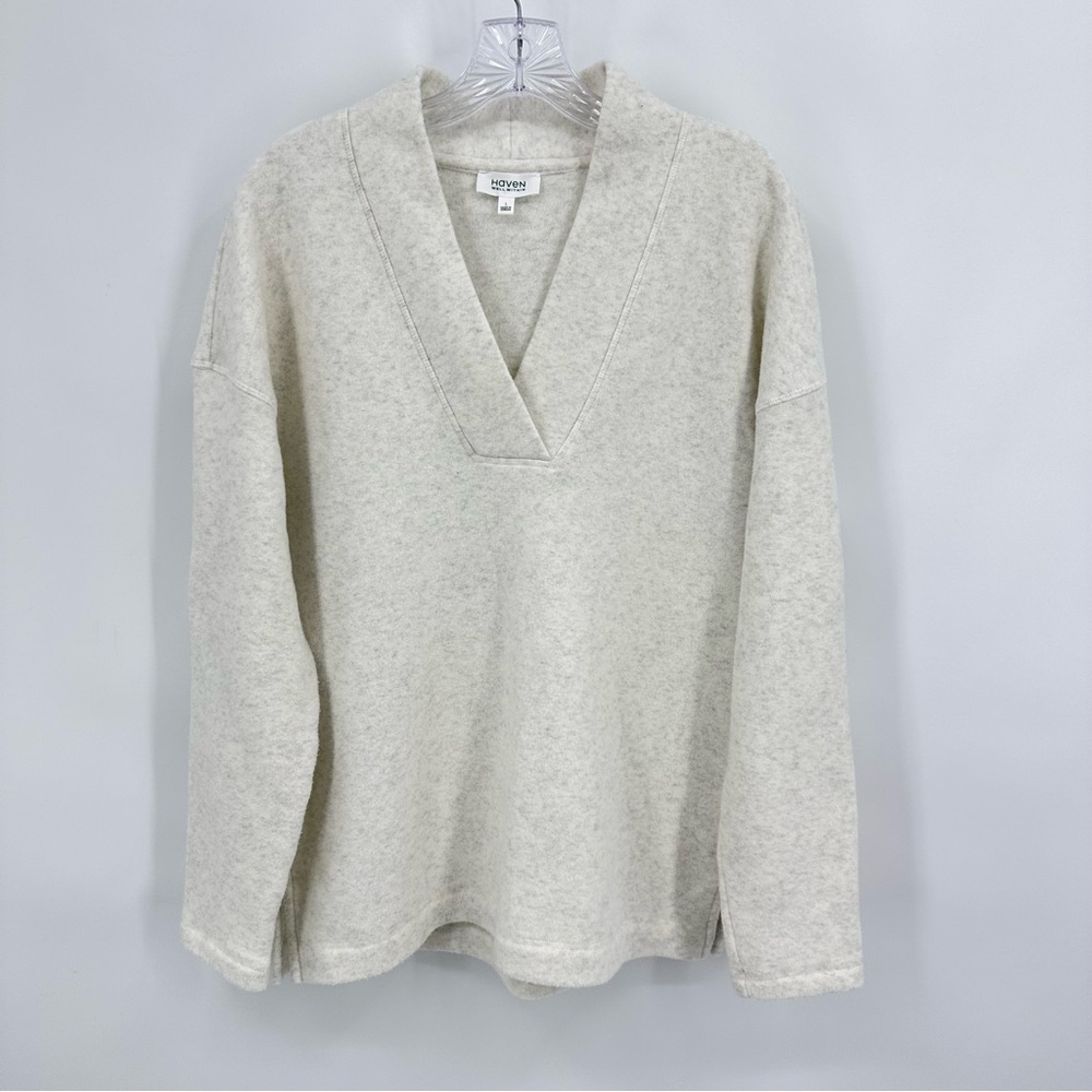 Haven Well Within Comfort Fleece Top Overlap V-neck Pullover Ivory Gray Size L